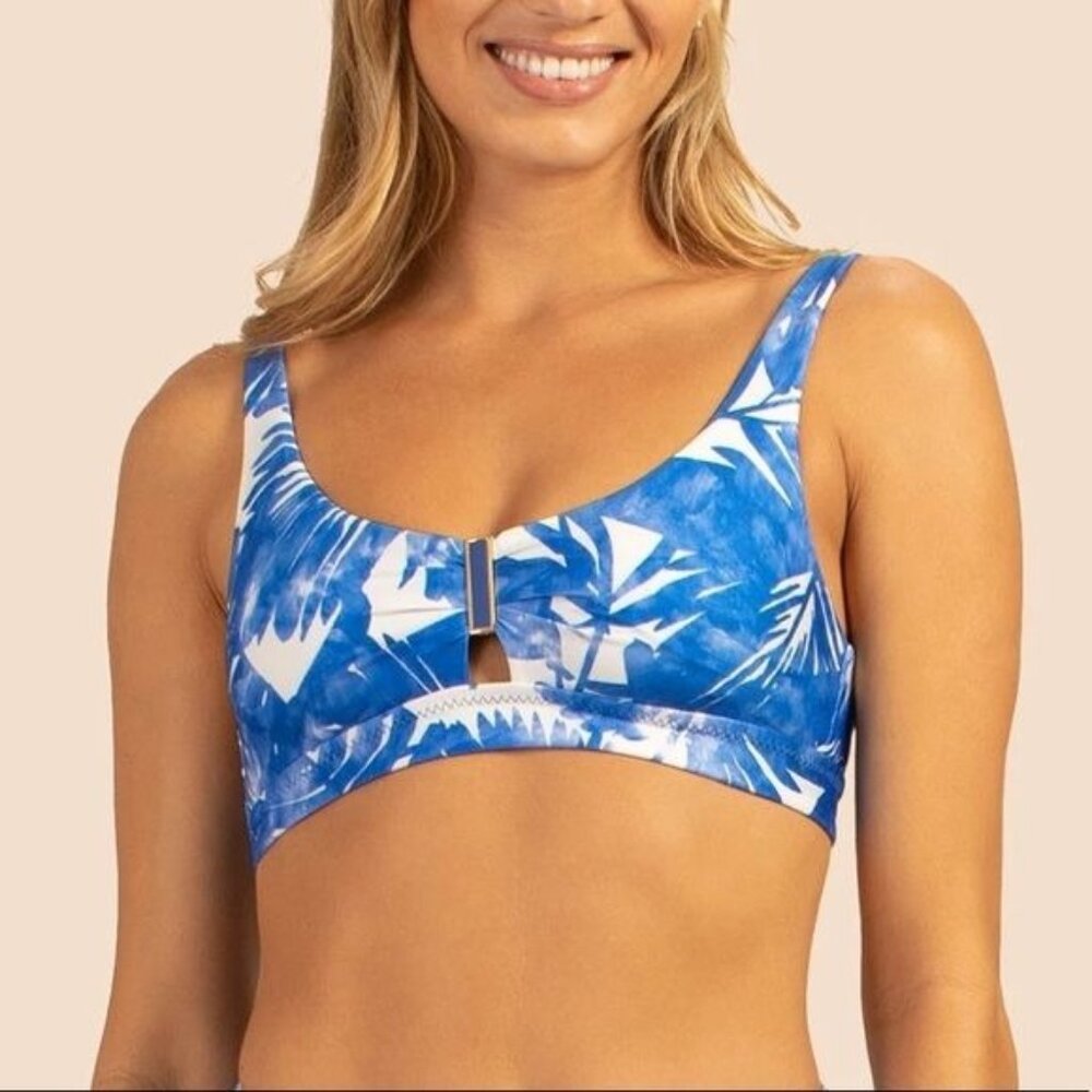 Trina Turk Basque Banded Bra Bikini Top Removable Cups Keyhole Floral Blue 4